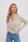 Long Sleeve Tie Front Sweater Top Taupe