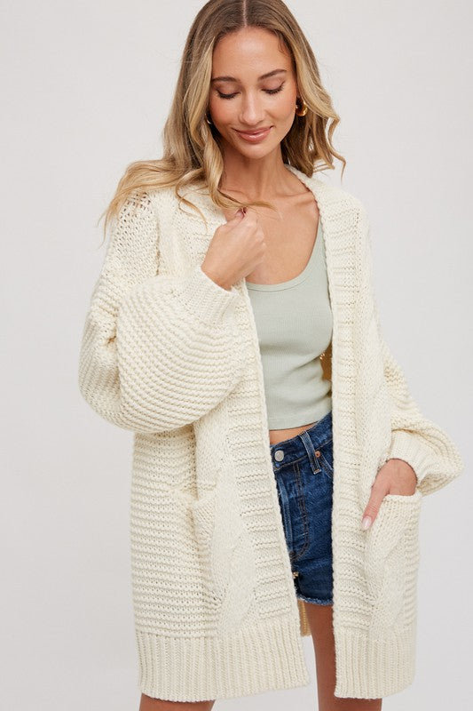 Long Sleeve Chuky Cable Knit Open Cardigan Cream