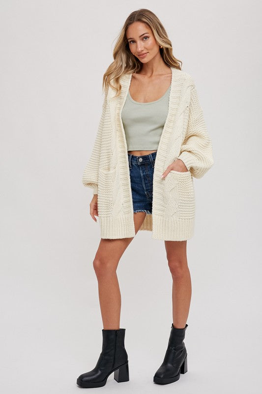 Long Sleeve Chuky Cable Knit Open Cardigan Cream