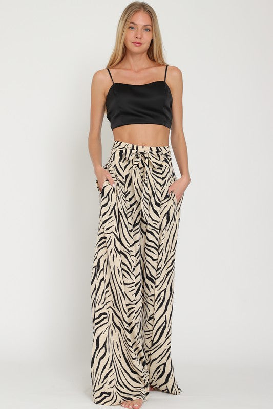  High Waist Tie Zebra Print Wide Leg Pants Beige