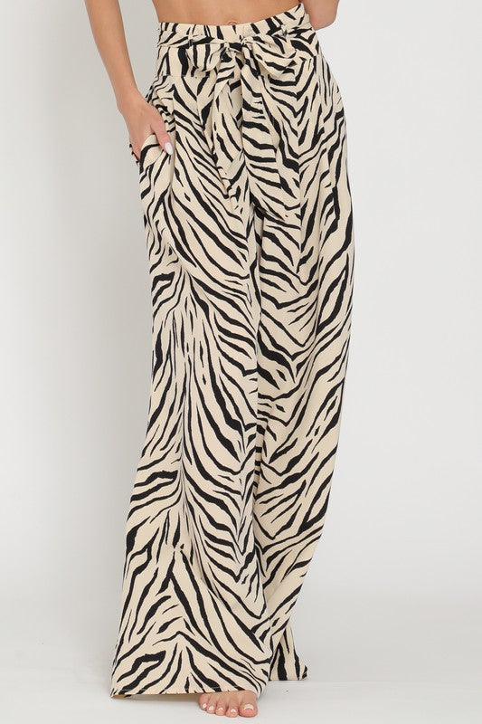  High Waist Tie Zebra Print Wide Leg Pants Beige