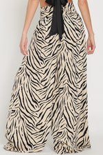  High Waist Tie Zebra Print Wide Leg Pants Beige