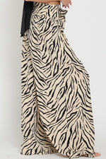  High Waist Tie Zebra Print Wide Leg Pants Beige