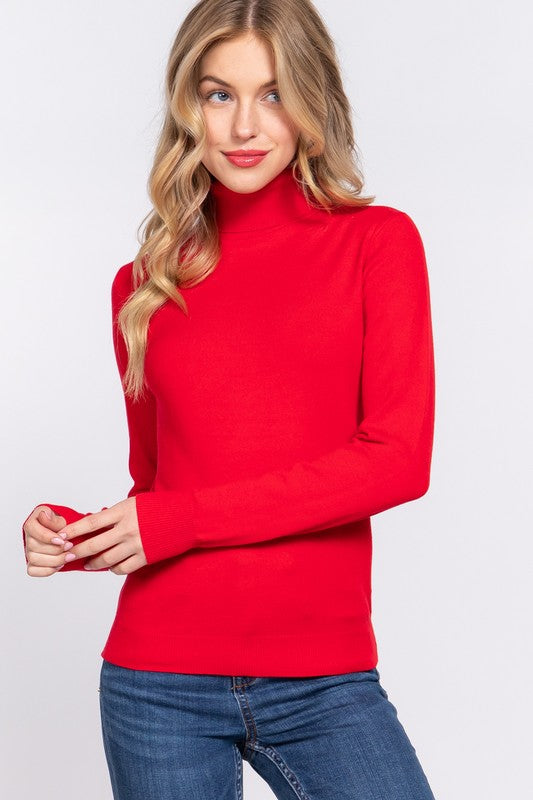  Long Sleeve Turtle Neck Sweater Top Red