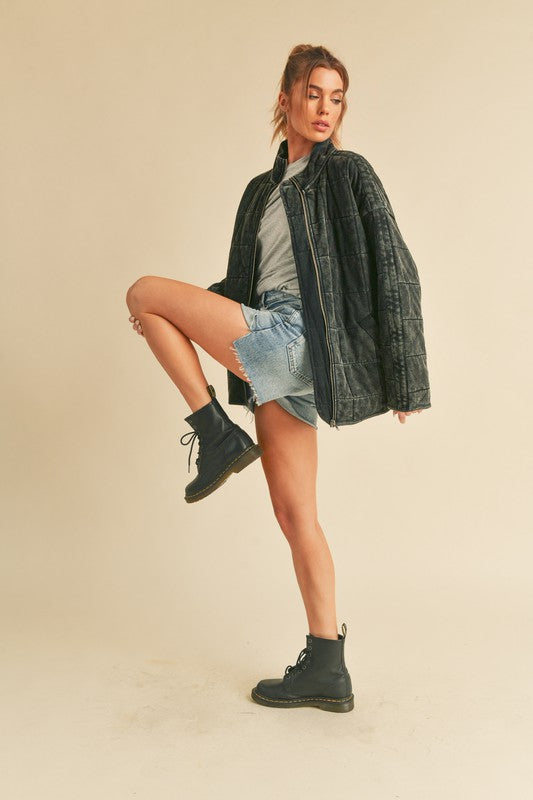  Long Sleeve Wash Oversized Quilted Jacket Black