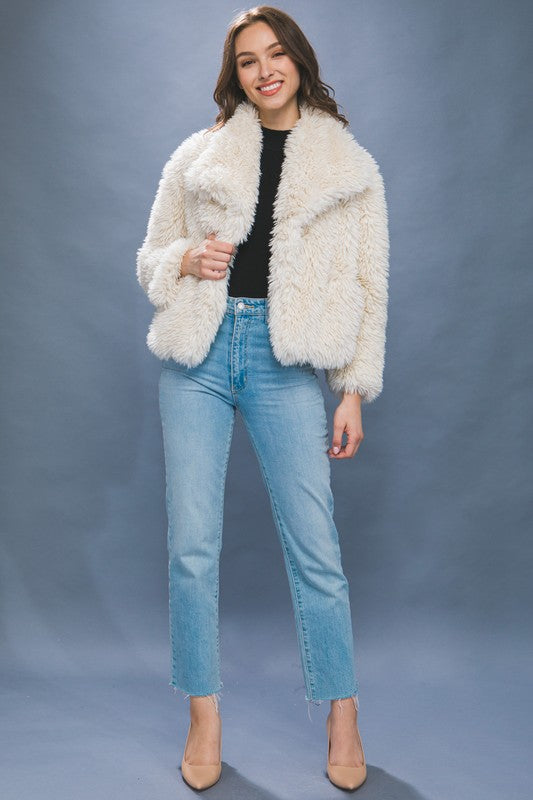 Long Sleeve Faux Fur Jacket Ivory