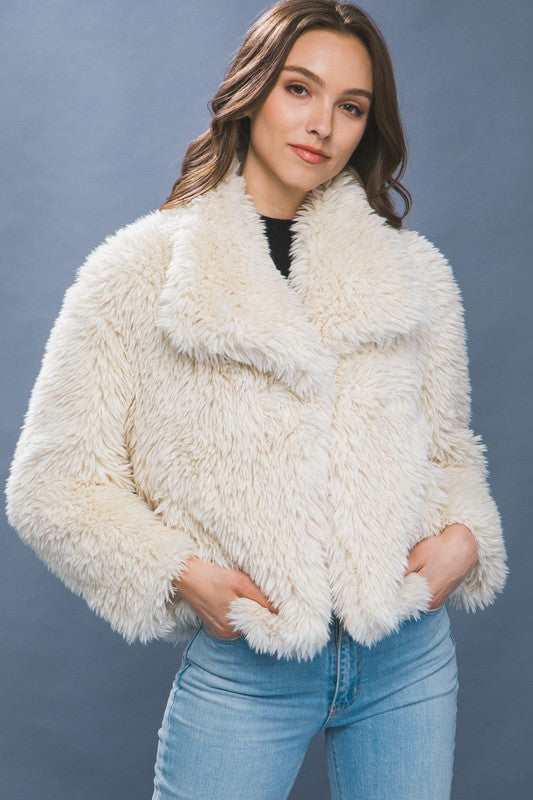 Long Sleeve Faux Fur Jacket Ivory