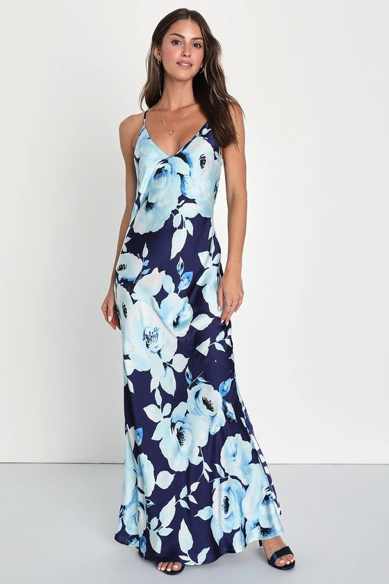 Sleeveless Floral Print Back Tie Maxi Dress Navy