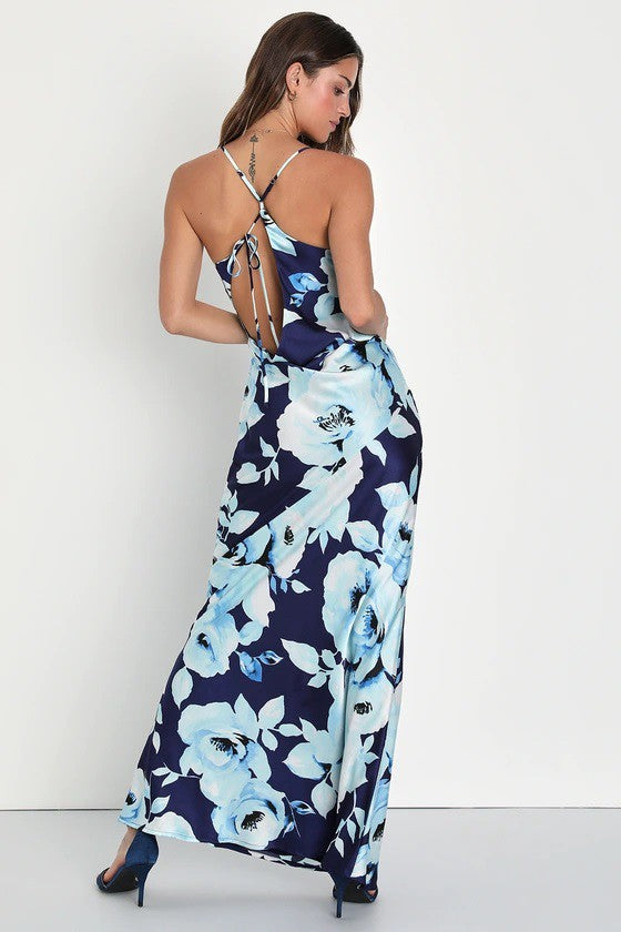 Sleeveless Floral Print Back Tie Maxi Dress Navy