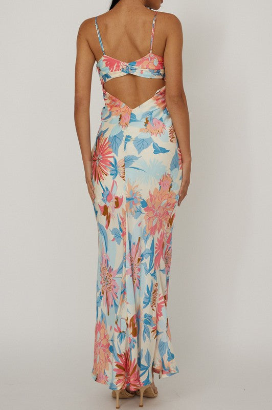  Sleeveless Cut Out Floral Print Maxi Dress Blue