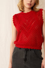 Ashton Sleeveless Crochet Knit Sweater Top Red