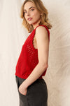 Ashton Sleeveless Crochet Knit Sweater Top Red