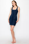 Sleeveless Contrast Seam Mini Denim Dress Dark Wash