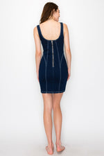 Sleeveless Contrast Seam Mini Denim Dress Dark Wash