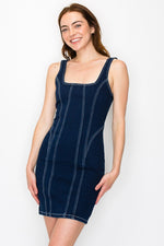 Sleeveless Contrast Seam Mini Denim Dress Dark Wash