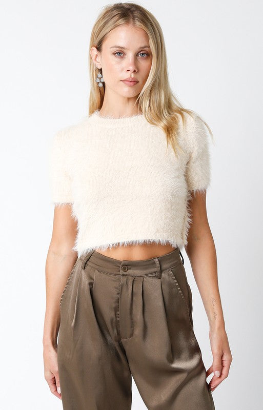 Short Sleeve Faux Fur Crop Top Beige