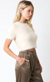 Short Sleeve Faux Fur Crop Top Beige