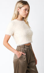 Short Sleeve Faux Fur Crop Top Beige