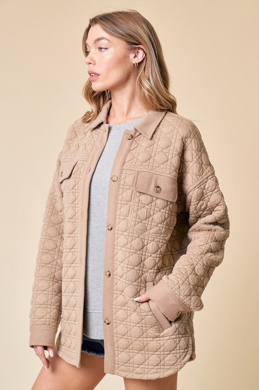  Long Sleeve Button Down Quilted Jacket Taupe