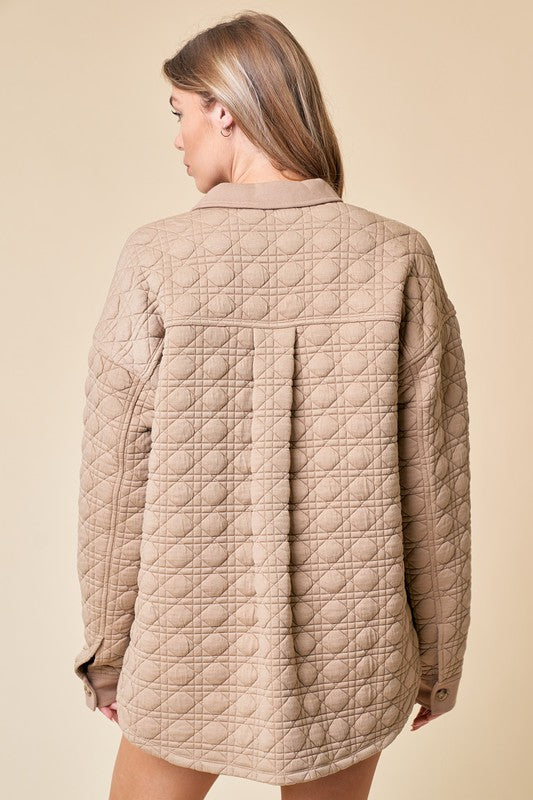  Long Sleeve Button Down Quilted Jacket Taupe