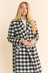 Long Sleeve Houndstooth Print Tweed Coat Black