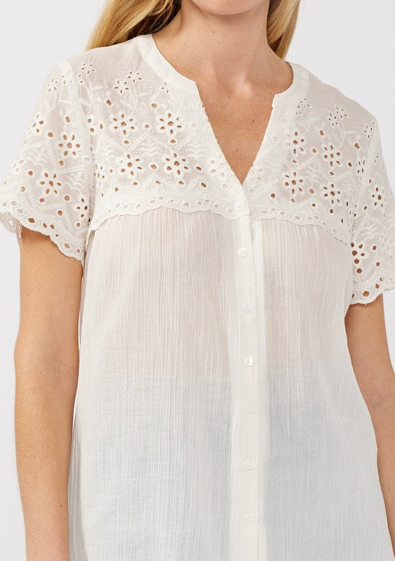 Short Sleeve Floral Eyelet Print Button Down Top White