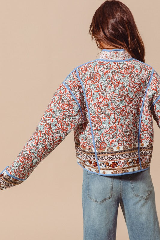  Long Sleeve Paisley Print Open Front Quilted Jacket Blue