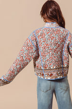  Long Sleeve Paisley Print Open Front Quilted Jacket Blue