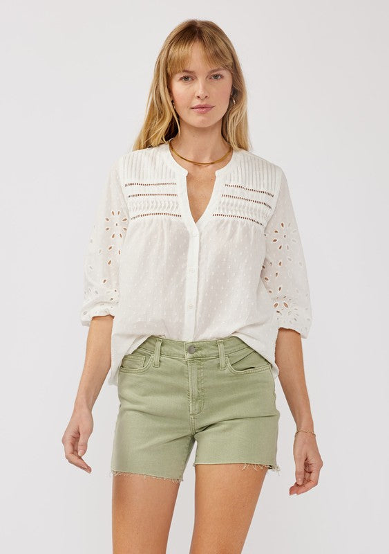 3/4 Sleeve Eyelet Button Down Top White