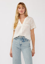 Short Sleeve Floral Eyelet Print Button Down Top White