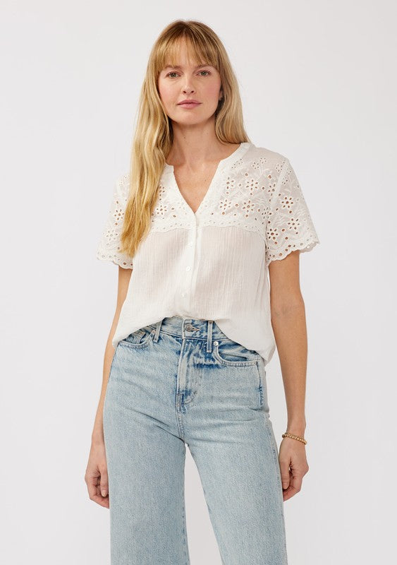 Short Sleeve Floral Eyelet Print Button Down Top White