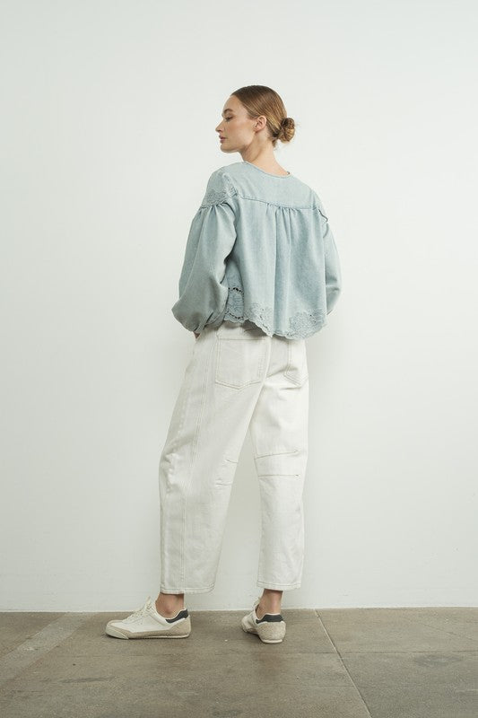 Long Ballon Sleeve Button Down Embroidered Denim Top Light Wash