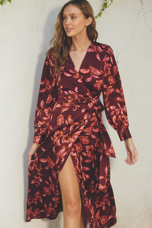  Long Sleeve Floral Print Wrap Maxi Dress Burgundy