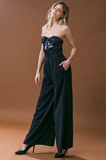 Sleeveless Sequin Bodice Wide Leg Jumpsuit Black