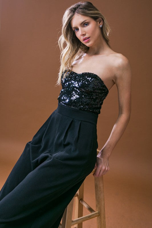 Sleeveless Sequin Bodice Wide Leg Jumpsuit Black