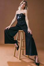 Sleeveless Sequin Bodice Wide Leg Jumpsuit Black