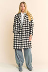 Long Sleeve Houndstooth Print Tweed Coat Black