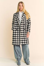 Long Sleeve Houndstooth Print Tweed Coat Black