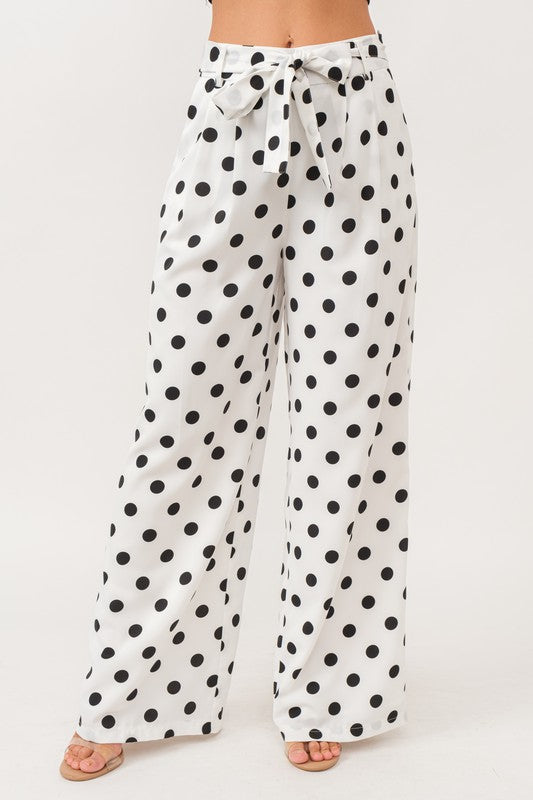 Polka Dot Print Wide Leg Pants White