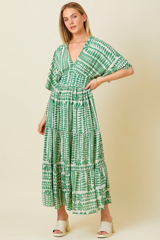 Short Sleeve Abstract Print Maxi Dress Green