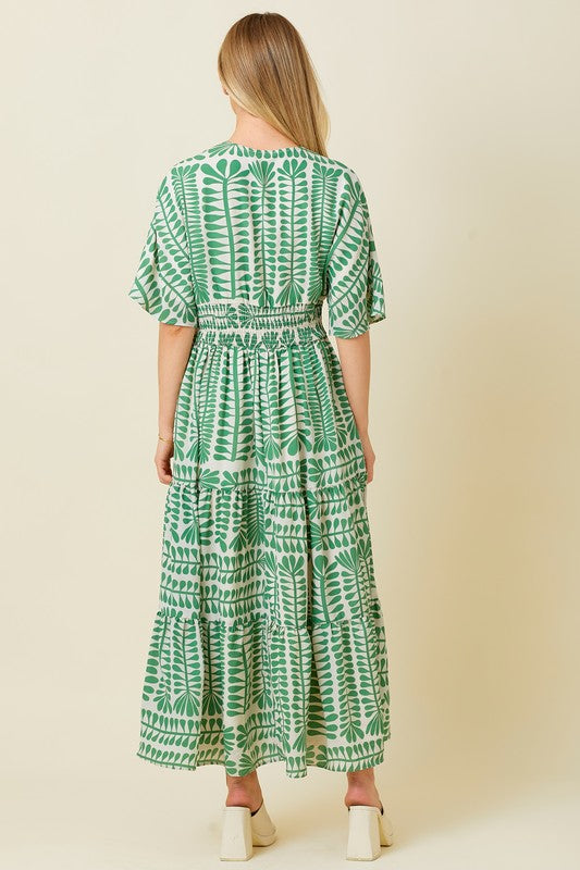 Short Sleeve Abstract Print Maxi Dress Green