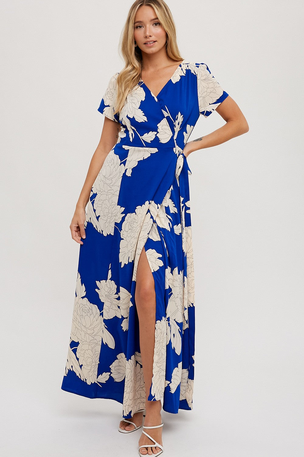 Cameron Short  Sleeve Floral Print Wrap Maxi Dress Blue