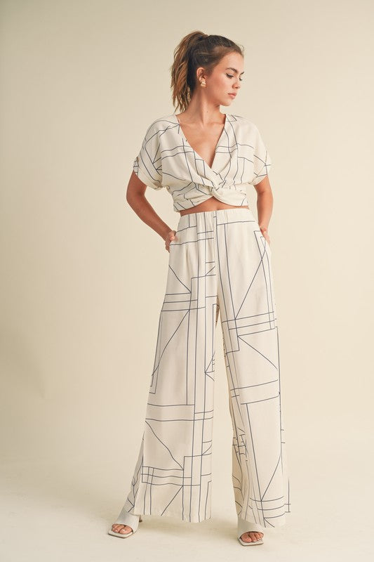  High Waist Abstract Print Wide Leg Pants White