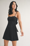 Sleeveless Back Bow Stretch Linen Mini Dress Black