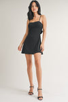Sleeveless Back Bow Stretch Linen Mini Dress Black