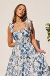 Sleeveless Shoulder Tie Floral Print Midi Dress Blue