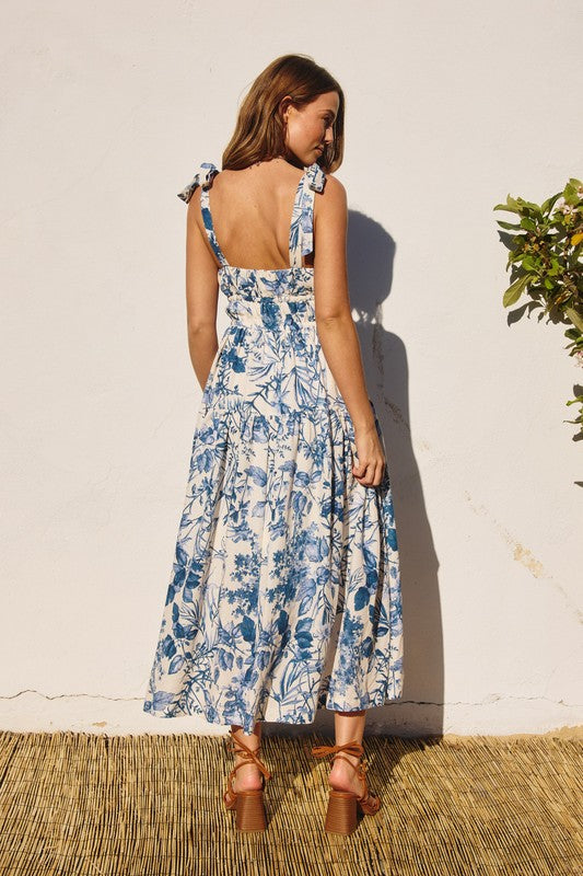 Sleeveless Shoulder Tie Floral Print Midi Dress Blue