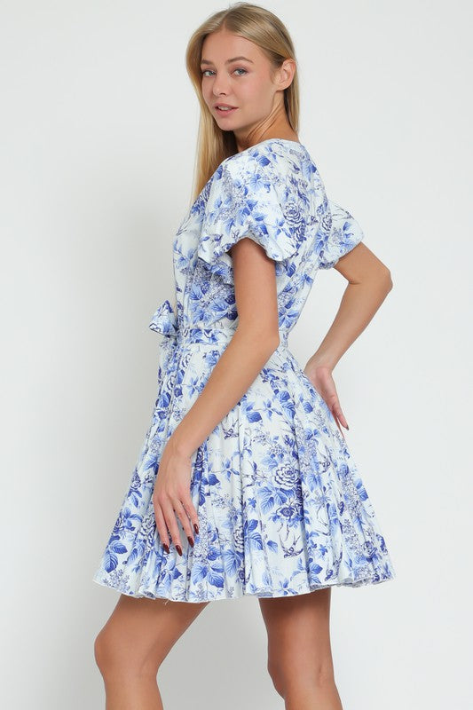 Short Bubble Sleeve Waist Tie Floral Print Mini Dress Blue