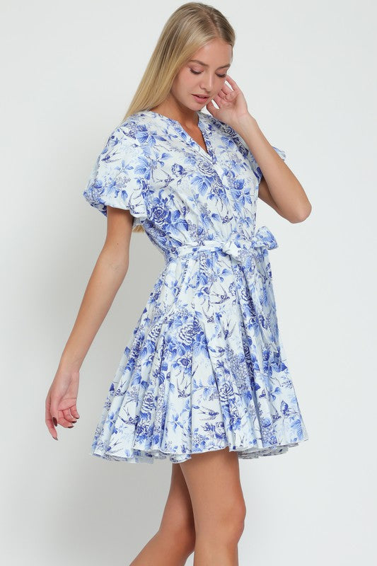 Short Bubble Sleeve Waist Tie Floral Print Mini Dress Blue