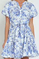 Short Bubble Sleeve Waist Tie Floral Print Mini Dress Blue